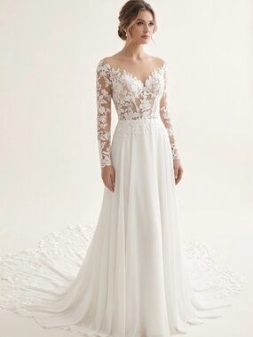Elegant Light Ivory Lace and Chiffon Wedding Dress